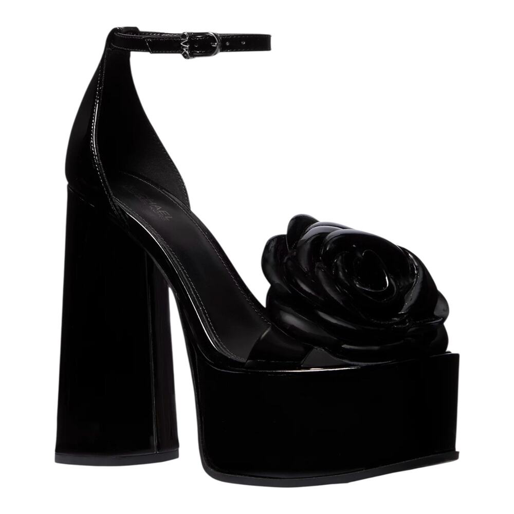 Michael Kors Women's Elodie Leather Rosette Platform Sandals Black Size 6 1/2 M - Picture 1 of 3